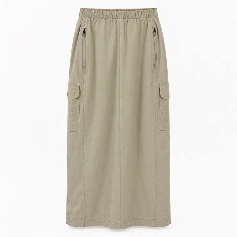 Title Nine Limitless Cargo Midi Skirt Stone Beige Stretch Pockets Travel size XS